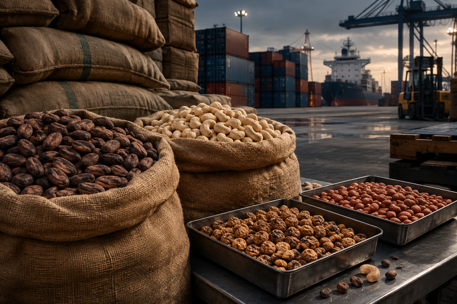 Editorial view of bulk agricultural commodities and mineral samples in export-grade sacks beside port logistics containers