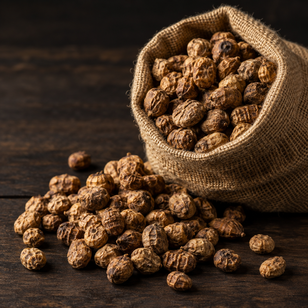 Close-up editorial photo of dried tiger nuts in a burlap sack with scattered nuts on a dark wooden surface