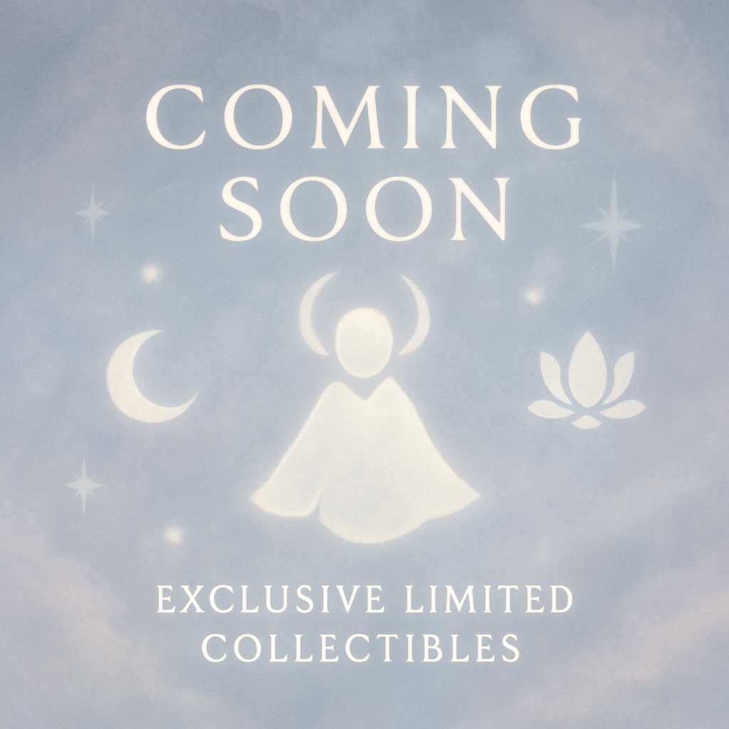 Coming soon placeholder for exclusive limited collectables, softly spiritual and mysterious, matching Sky's pearly, gentle theme