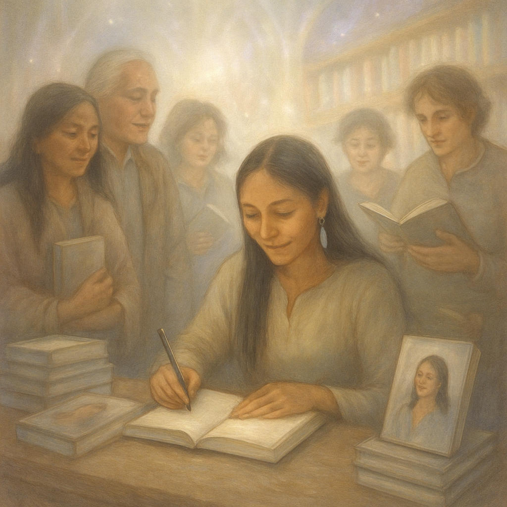 Sky signing books at a softly lit bookstore, surrounded by readers