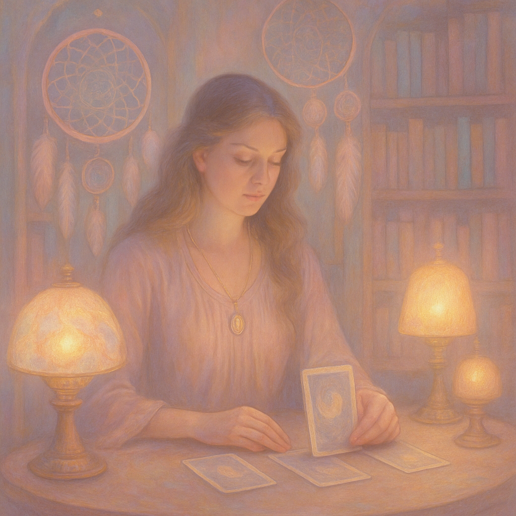 Gentle scene of a spiritual reading at a library with dreamcatchers and glowing lamps