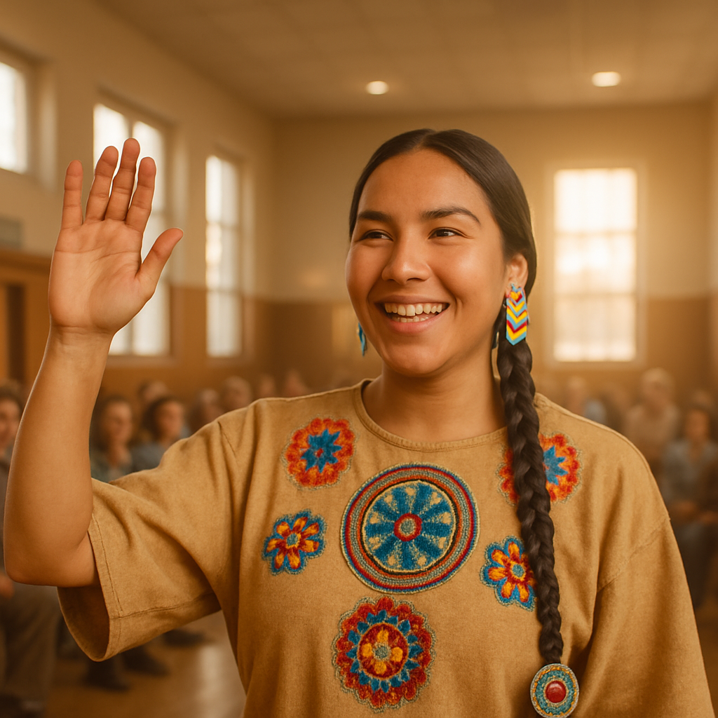 Sky greeting fans with indigenous beadwork and soft pearly light at a community center