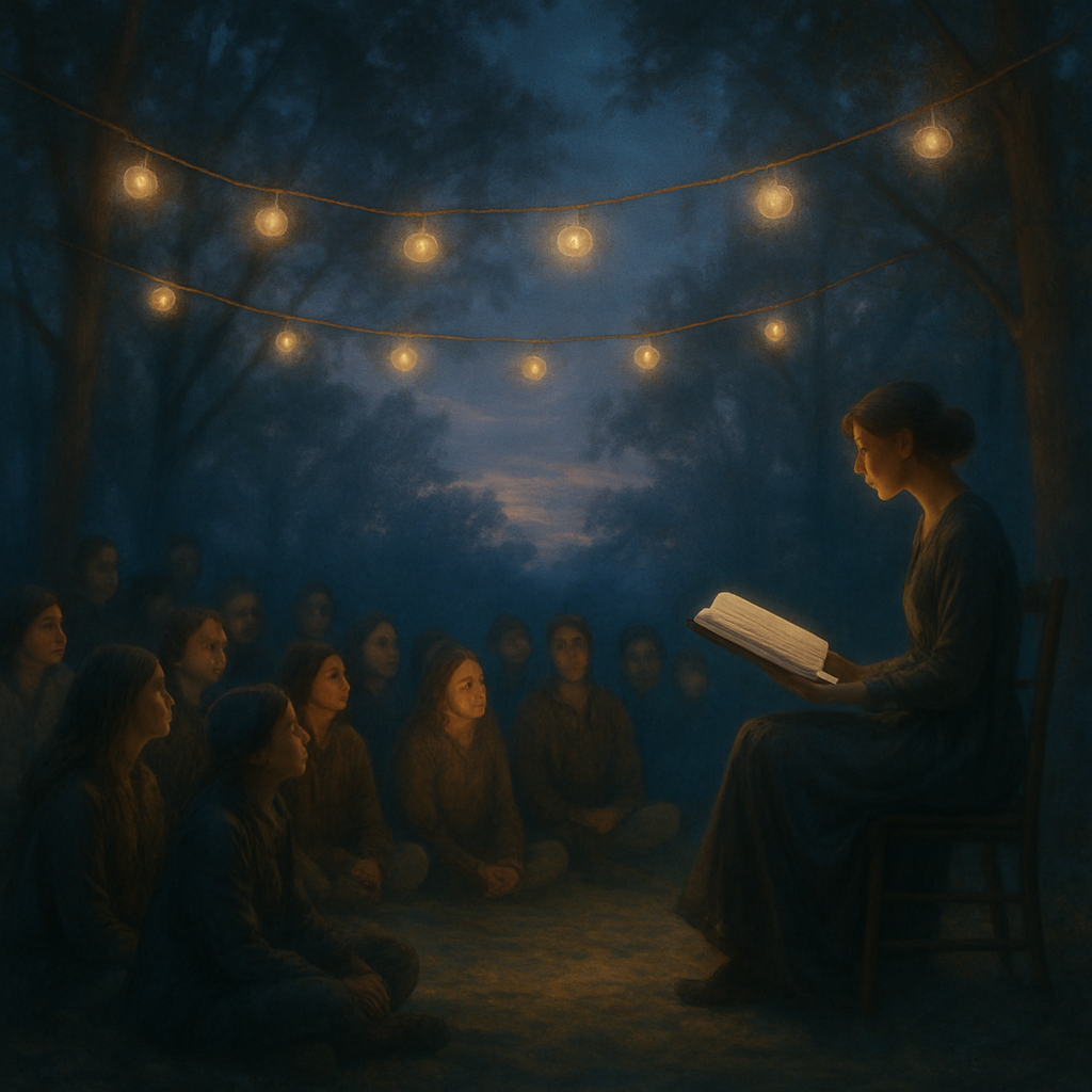 An audience at dusk, gathered for an outdoor story reading under string lights
