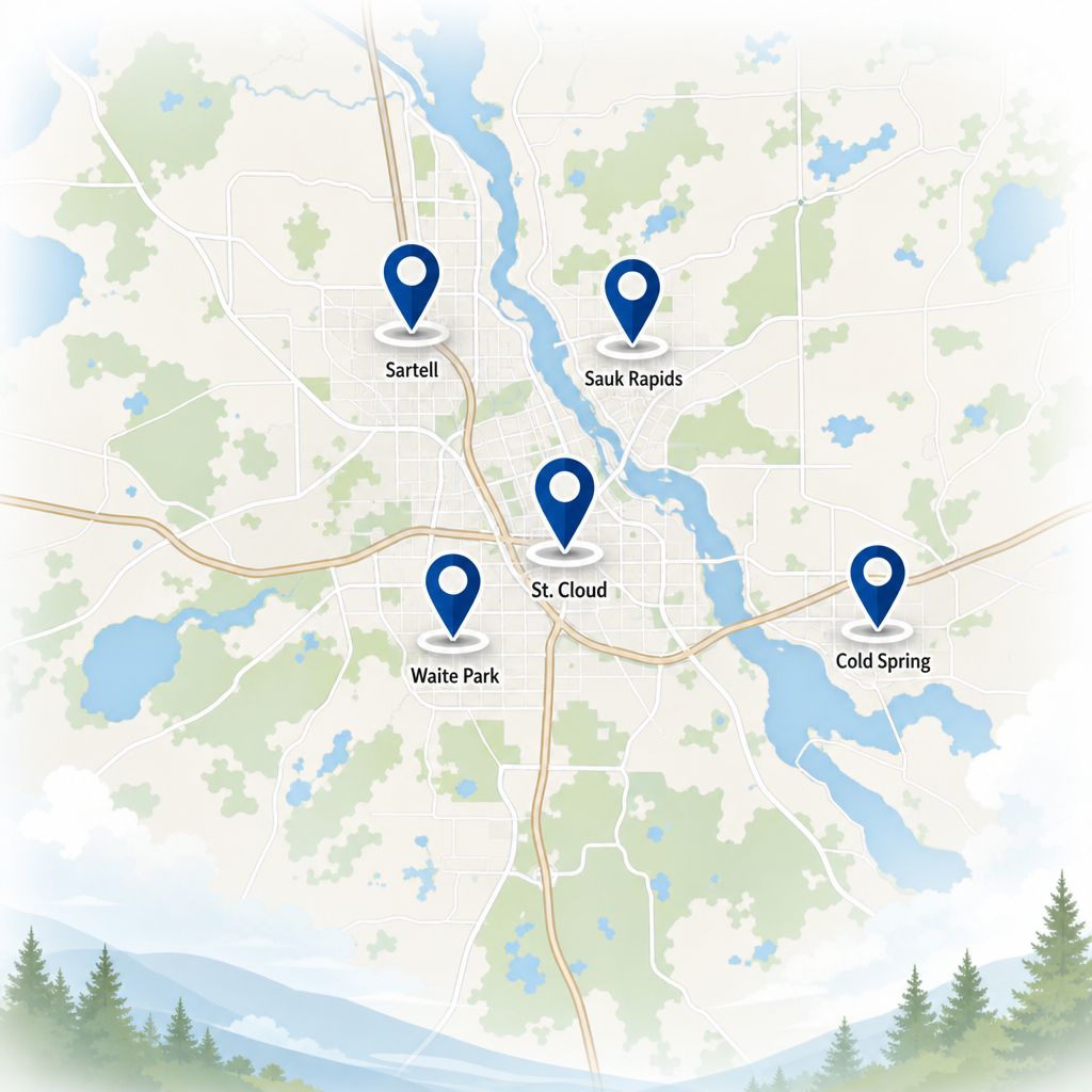 Illustrated map of Central Minnesota highlighting St. Cloud, Sartell, Sauk Rapids, Waite Park, and Cold Spring