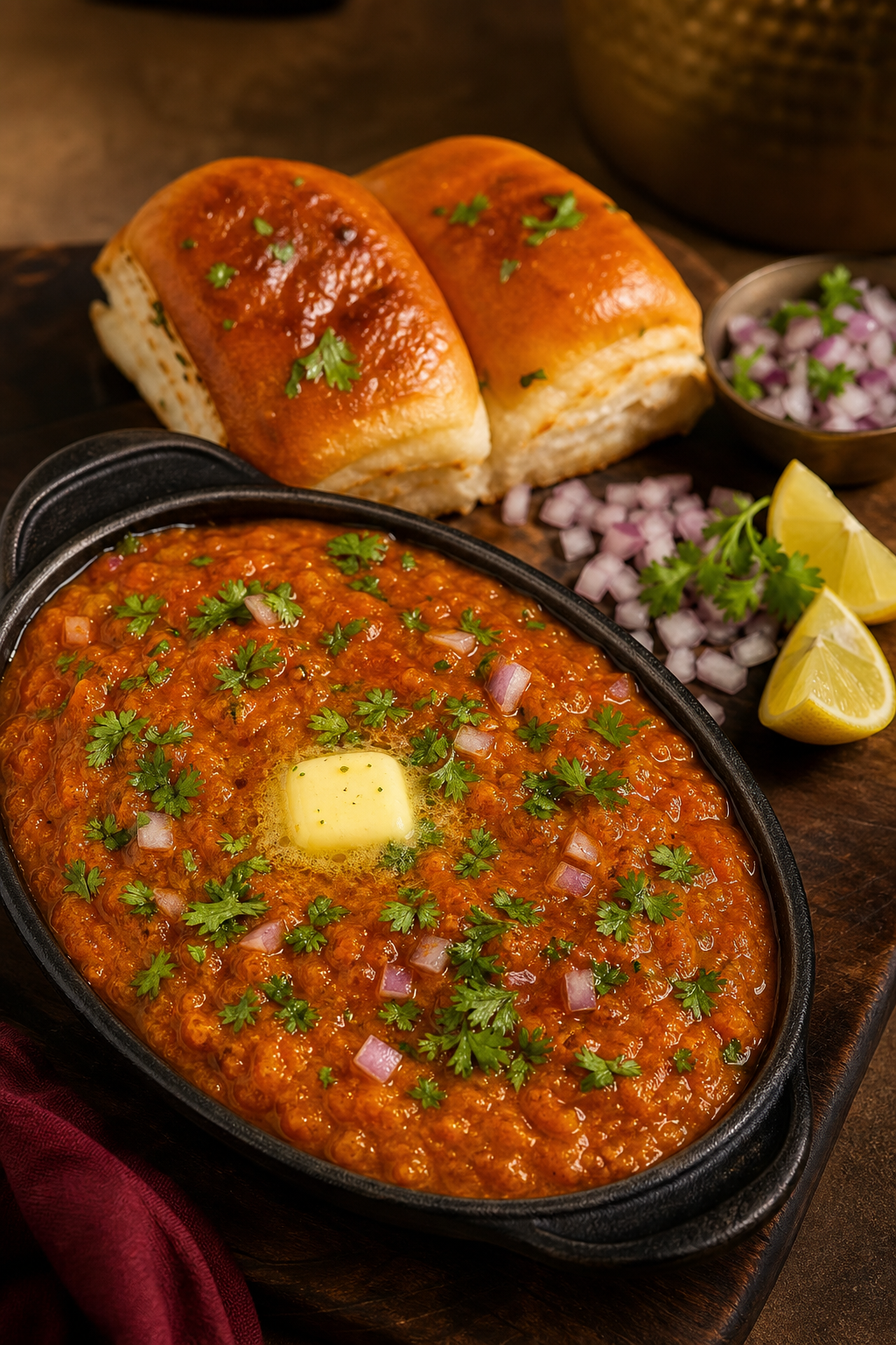Close-up of buttery pav bhaji garnished with chopped onions, cilantro, and lemon wedges on a rustic serving tray