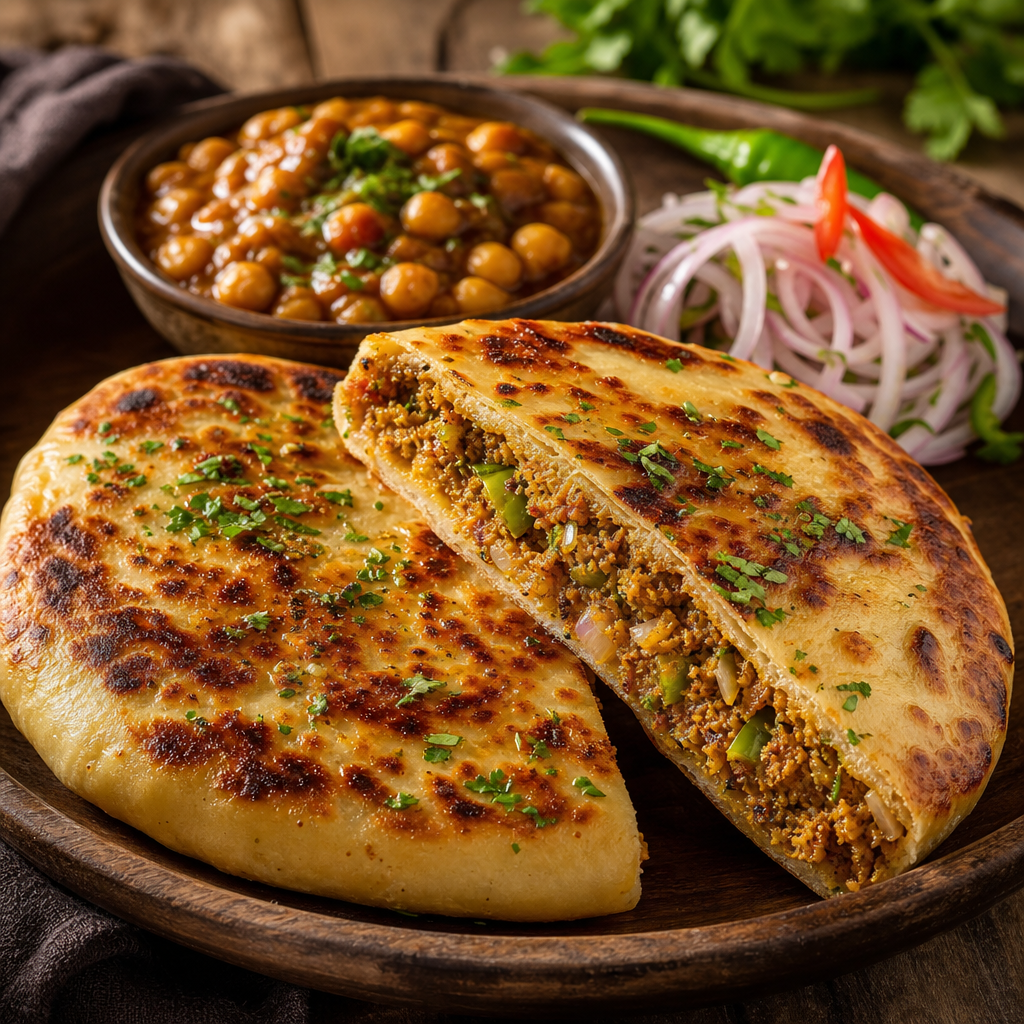 Stuffed kulche with charred spots, butter glaze, and spicy chickpea accompaniment