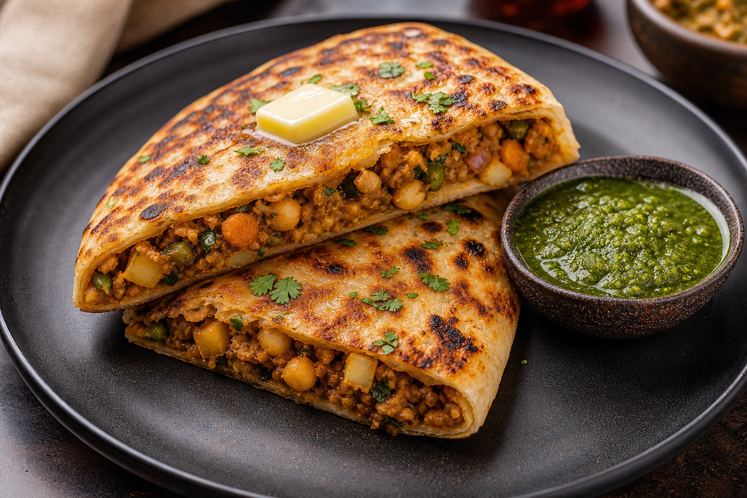 Bharwa Kulche cut open to show channa potato filling with green chutney