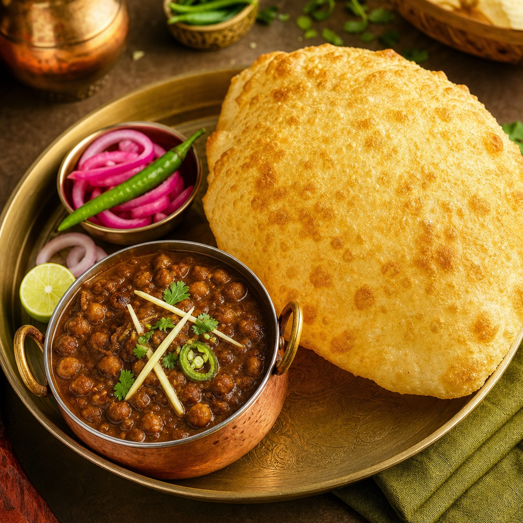 Fluffy bhatura with spiced chickpea curry and onion pickle on the side