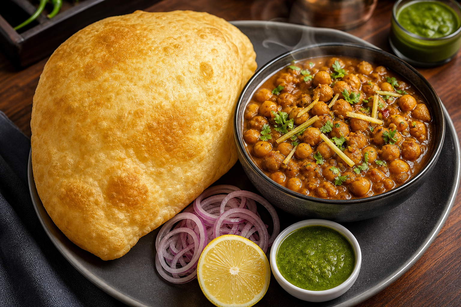 Channa Bhatura served with puffed golden bhatura and rich dark channa curry