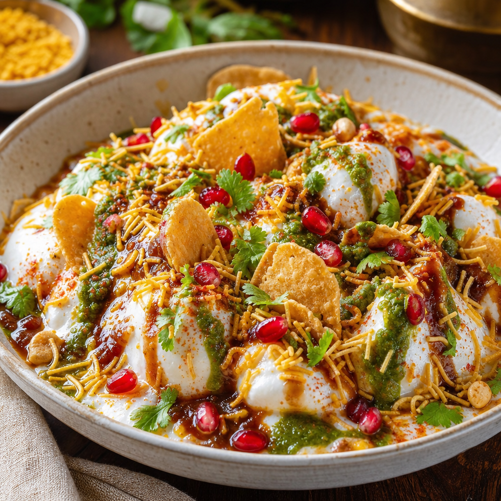 Colorful papdi chaat with yogurt, chutneys, sev, and pomegranate pearls