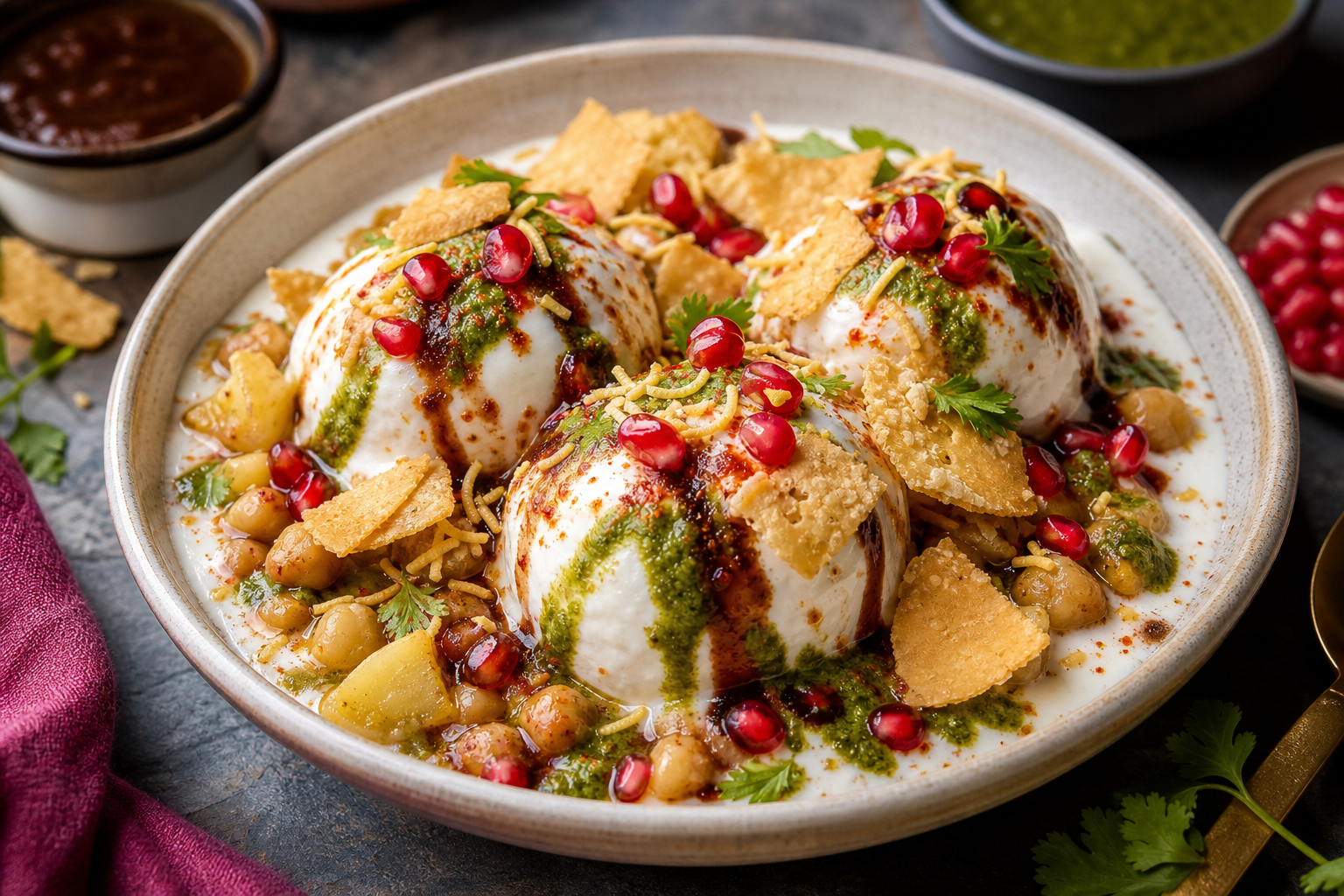 Dahi Bhaley Papdi Chaat topped with curd chutneys papdi and pomegranate seeds