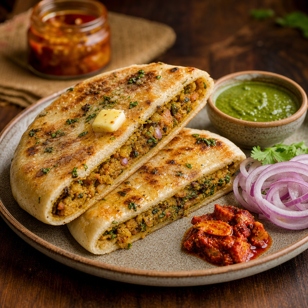Bharwa Kulche sliced open to show spiced filling, charred edges, butter brush, and tangy pickle on side