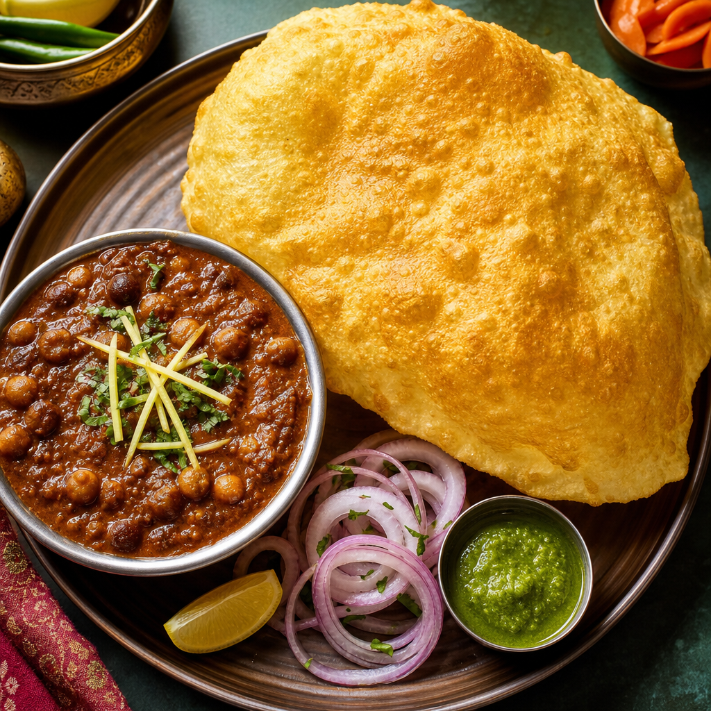 Channa Bhatura with puffed golden bhatura, rich chickpea masala, sliced onions, and green chutney