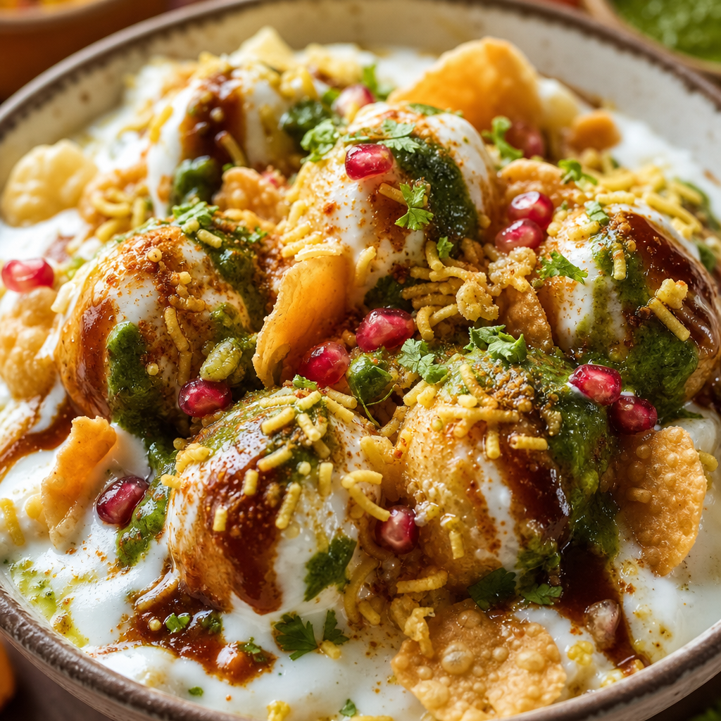 Dahi Bhaley Papdi Chaat close-up with creamy curd, crunchy papdi, sev, pomegranate, and sweet-spicy chutneys