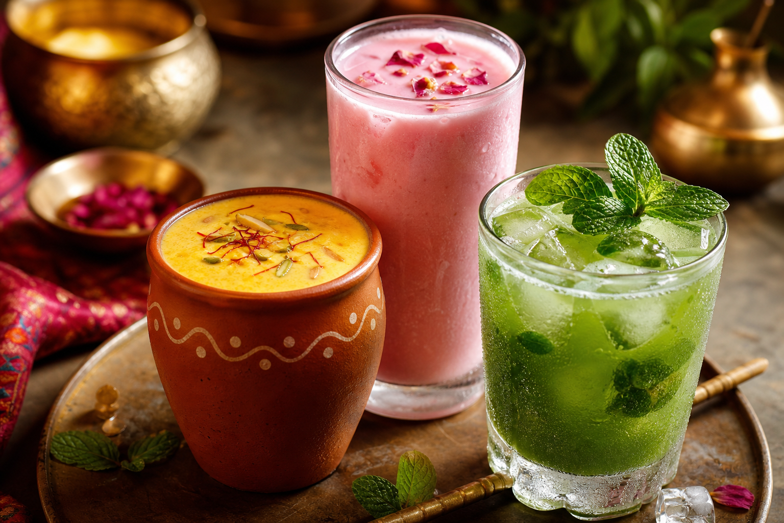 Chilled Indian drinks assortment with saffron lassi, rose milk, mint cooler, ice, and condensation on glasses