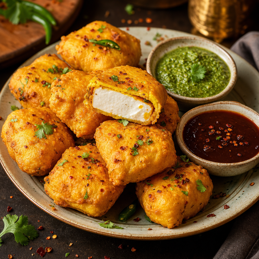Paneer Pakoda stack with crisp gram-flour crust, soft paneer center, mint chutney, and tamarind drizzle