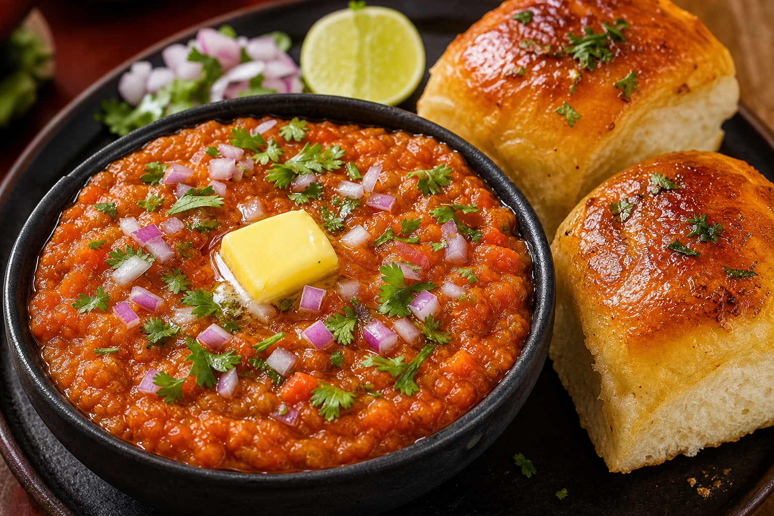 Close-up Pav Bhaji with glossy butter melt, toasted pav, chopped onions, lemon wedge, and bright coriander garnish