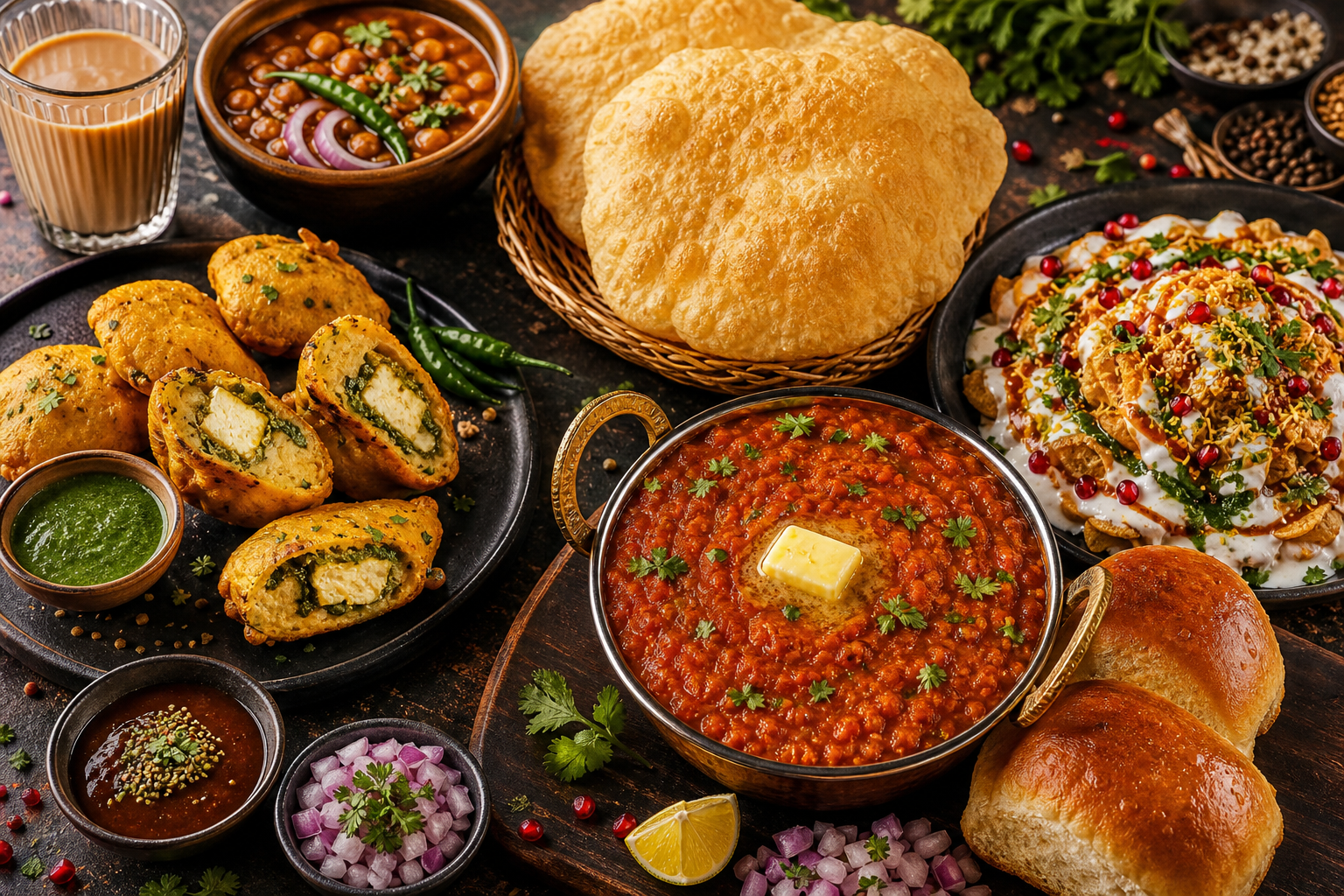 A richly styled spread of Indian street food with pav bhaji, chaat, chutneys, fresh herbs, and visible spice textures