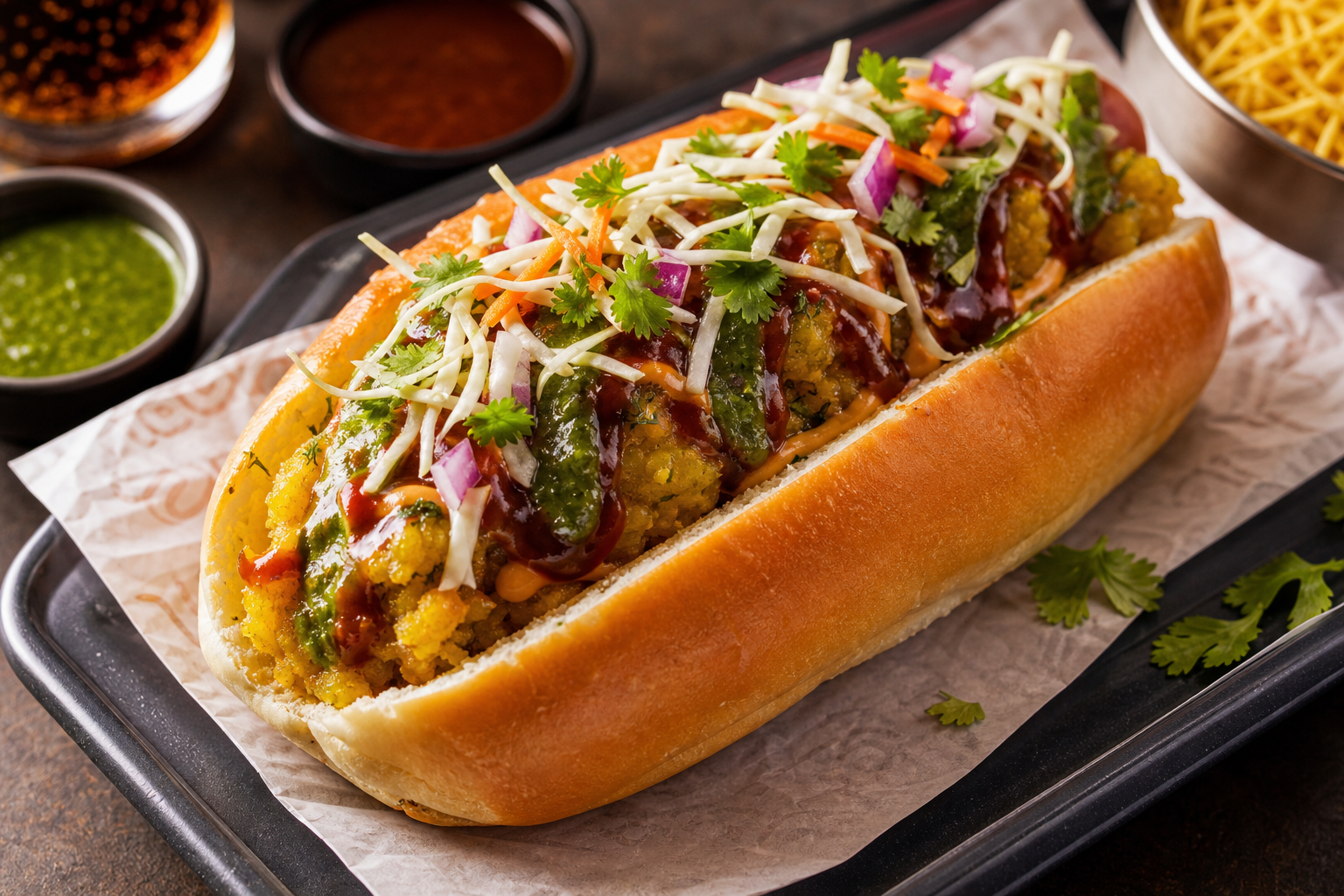 Indian style Hot Dog with aloo filling chutneys and fresh salad topping