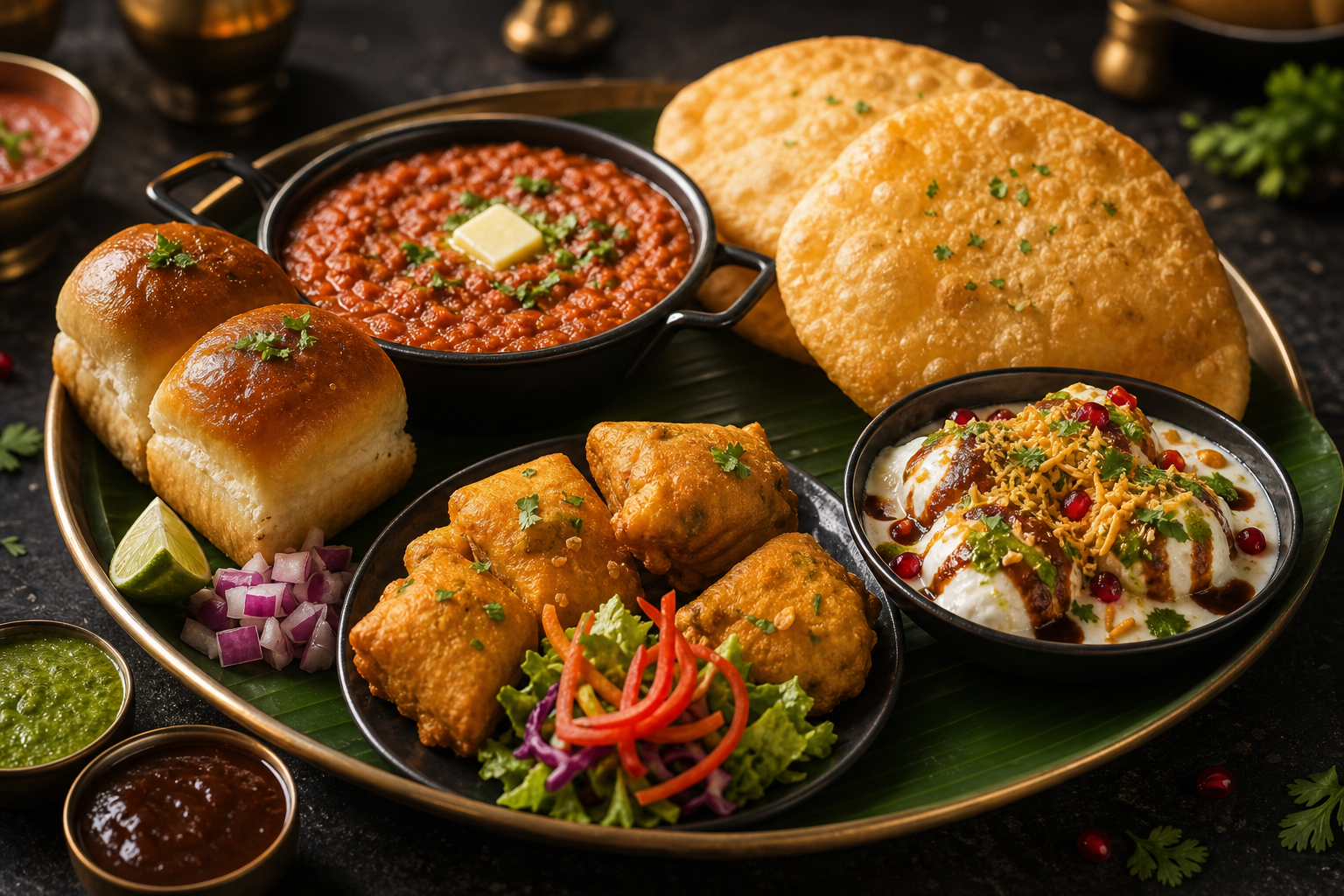 Premium Indian street food platter with pav bhaji, channa bhatura, paneer pakoda, and colorful chutneys