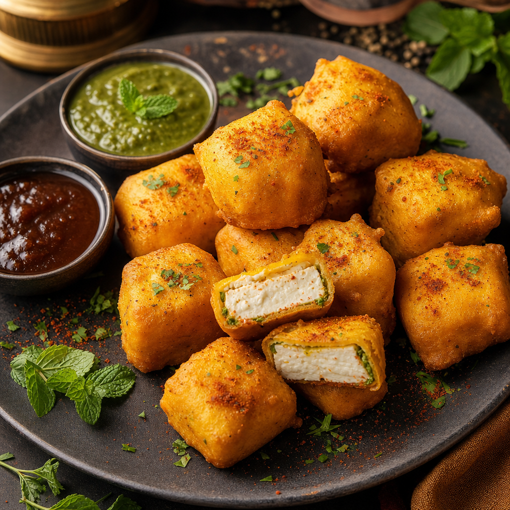 Crisp paneer pakoda fritters with mint chutney and masala sprinkle