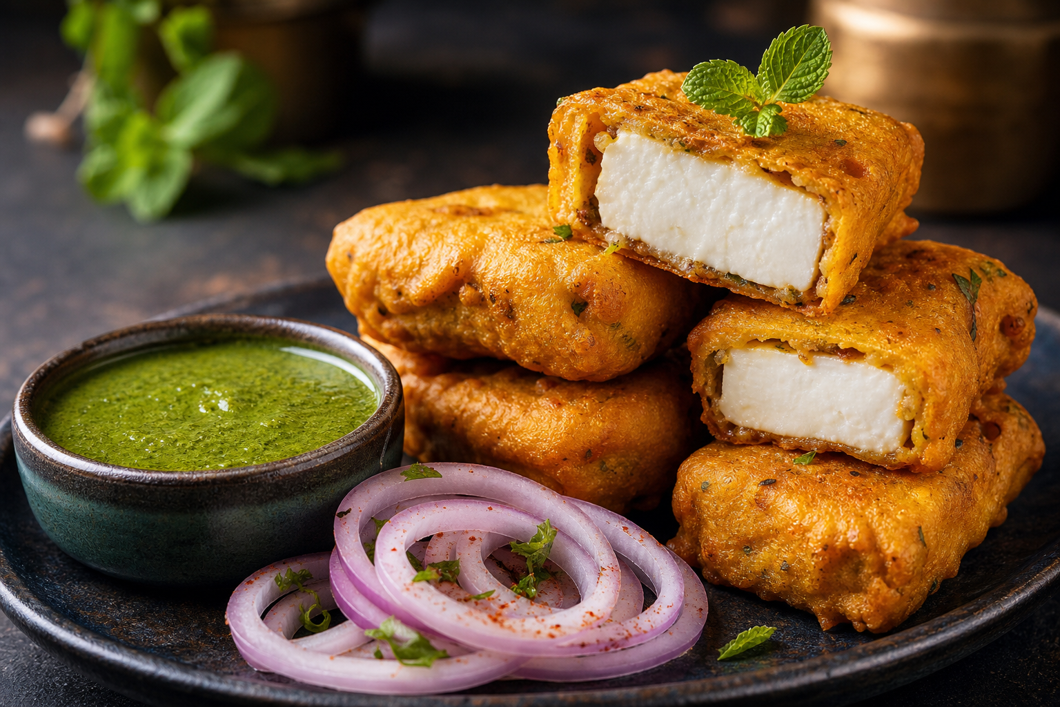 Paneer Pakoda stacked golden crisp with visible paneer layers and chutney dip