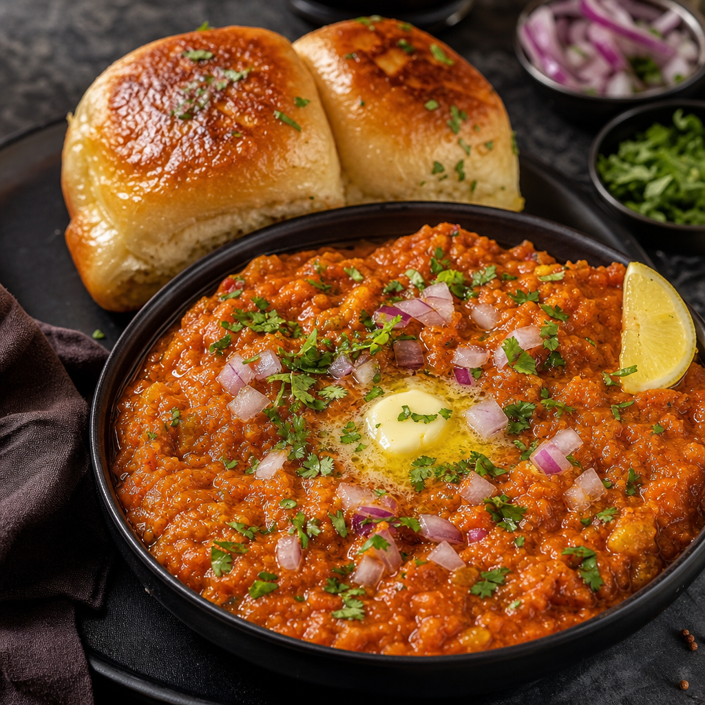 Buttery pav bhaji topped with chopped onions, cilantro, and a lemon wedge