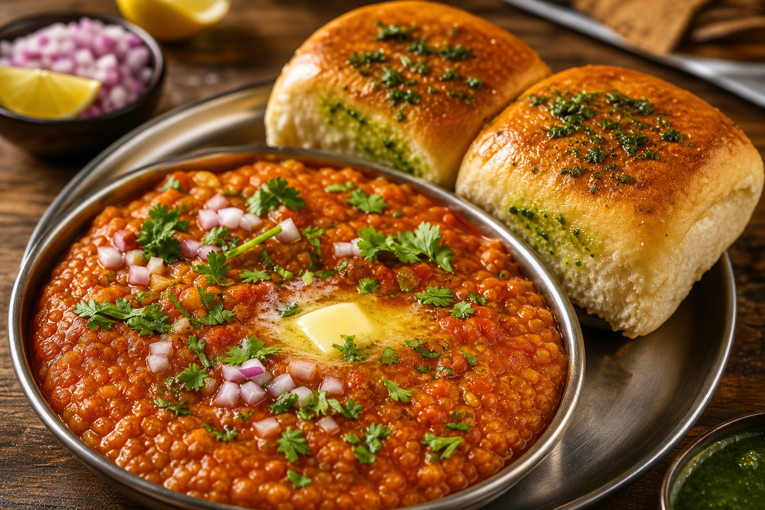 Pav Bhaji plated in a metal bowl with butter gloss and toasted pav buns on the side