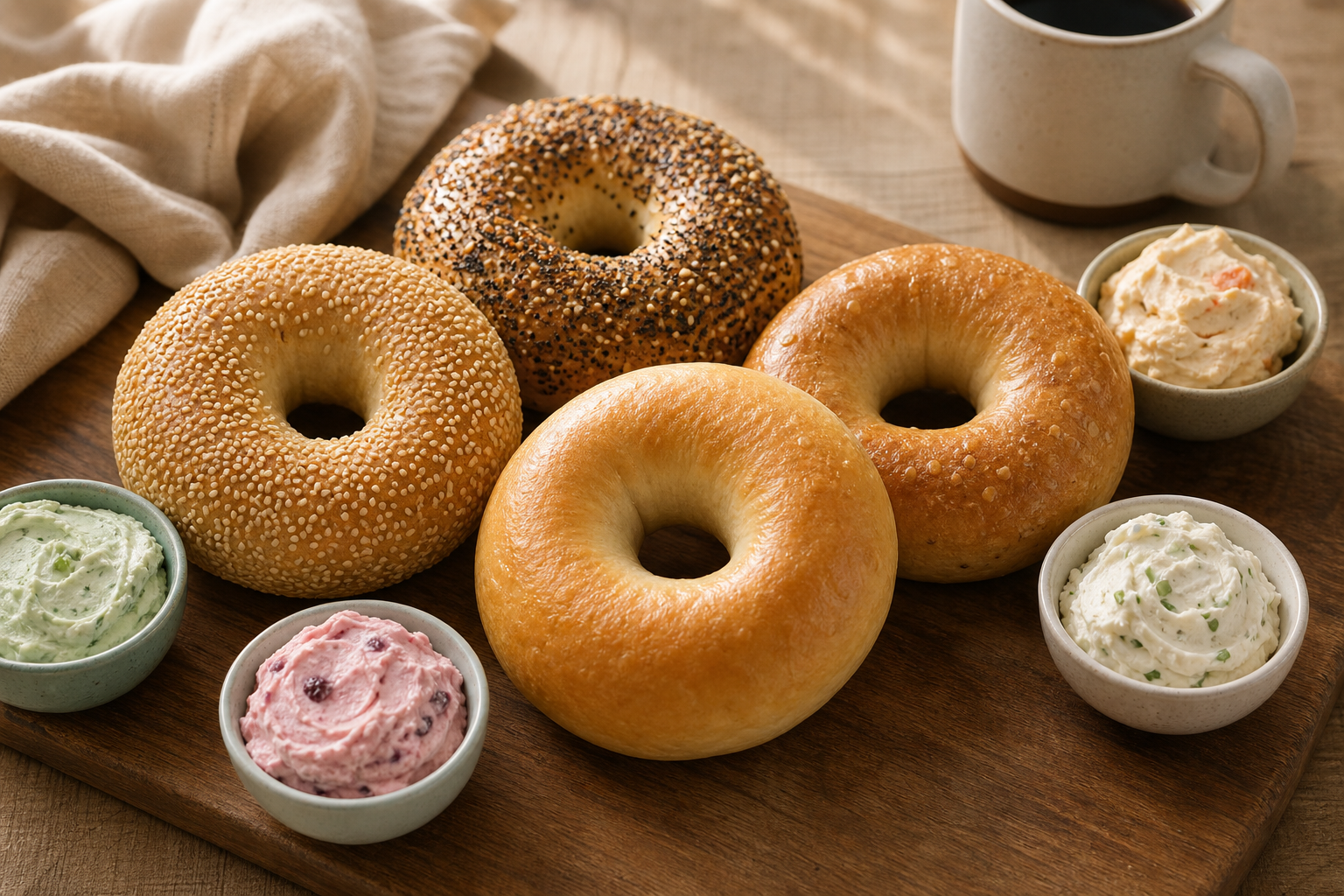 Assorted fresh New York-style bagels on a wooden board with cream cheese spreads