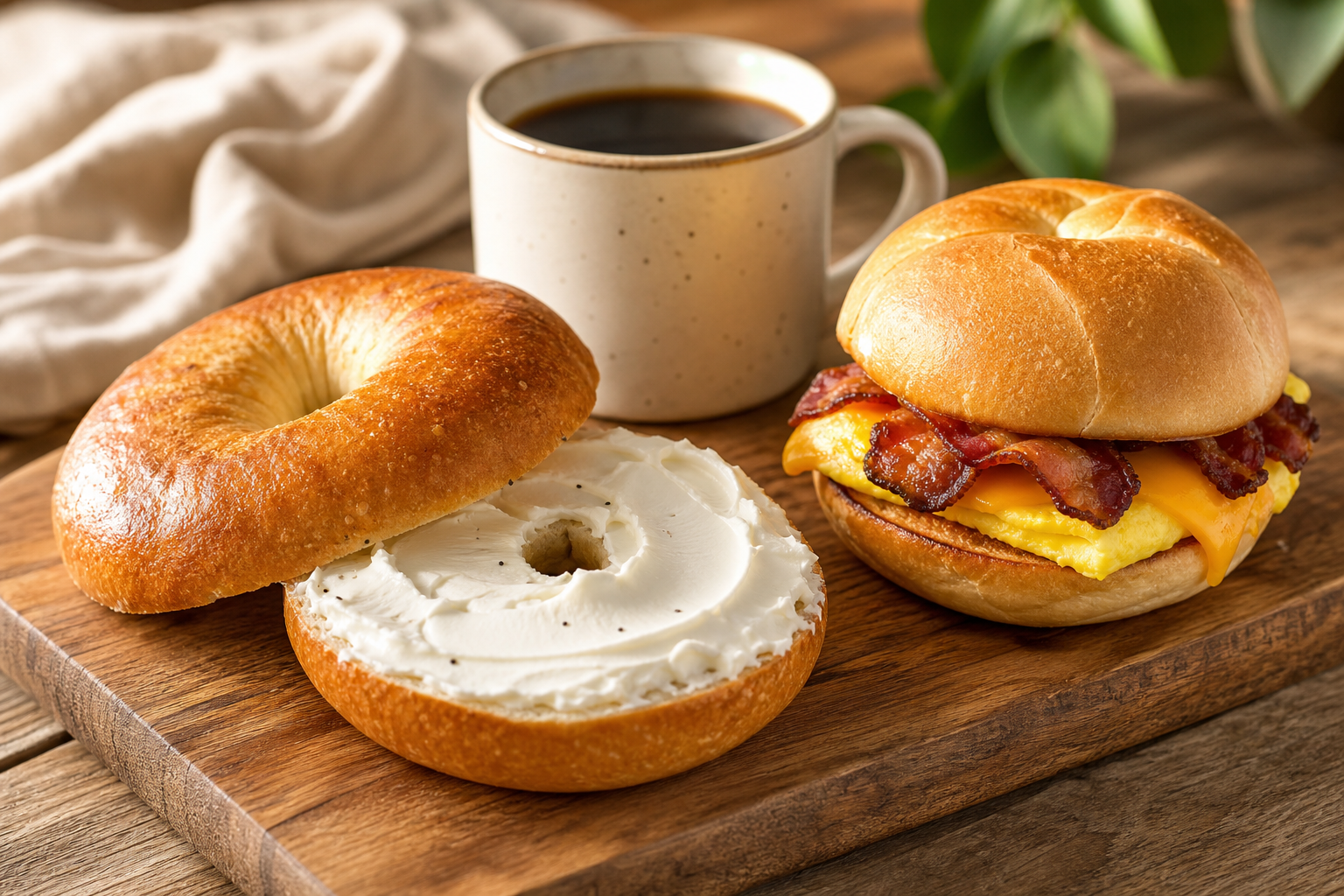 A wooden board with a golden-brown New York-style bagel sliced open, topped with fresh cream cheese and surrounded by a breakfast sandwich and a cup of coffee