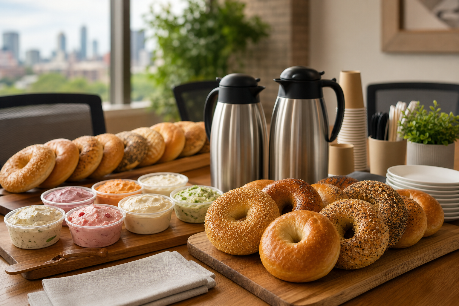 Wooden table filled with assorted New York-style bagels, cream cheese tubs, and coffee carafes ready for a Minneapolis office breakfast
