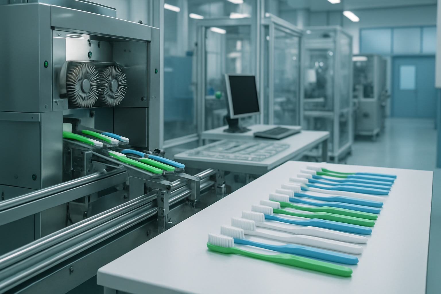 Modern toothbrush manufacturing line with hygienic equipment and quality inspection stations