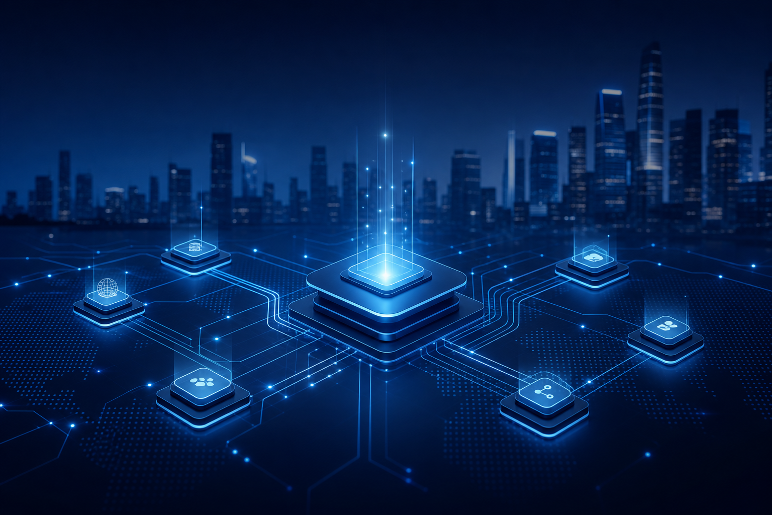Abstract enterprise technology visualization with layered data nodes, glowing circuit lines, and a modern business cityscape