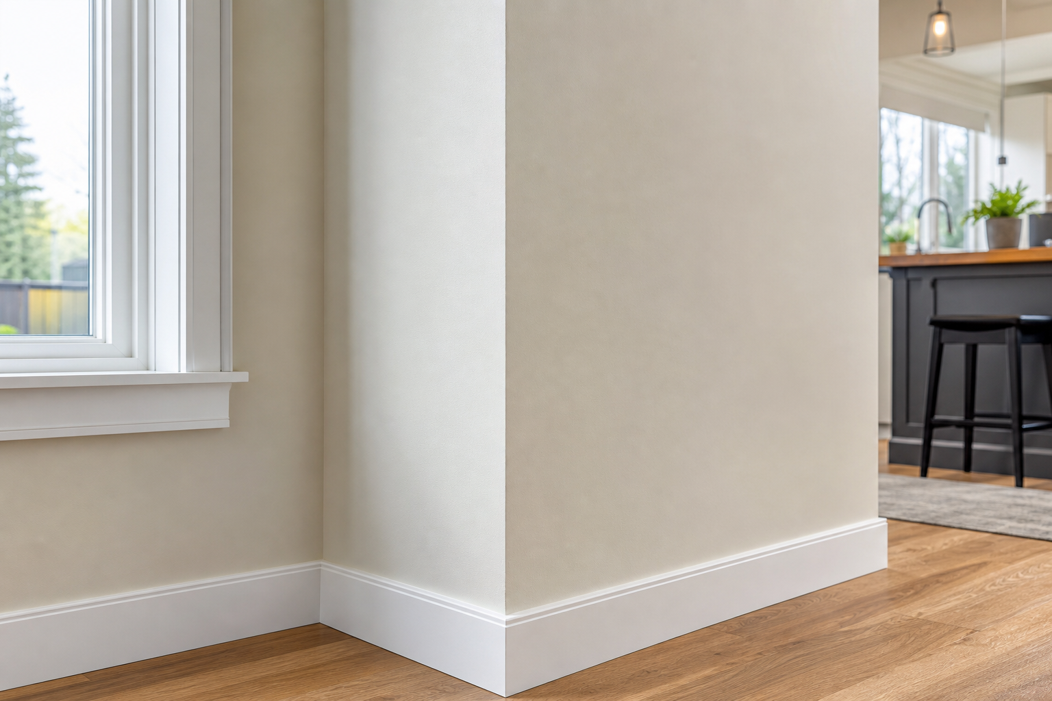 Repaired and freshly painted drywall corner in a bright room