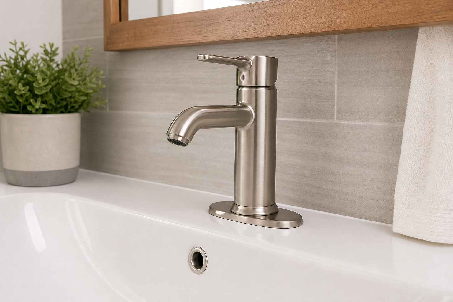 Upgraded bathroom faucet detail with clean finish