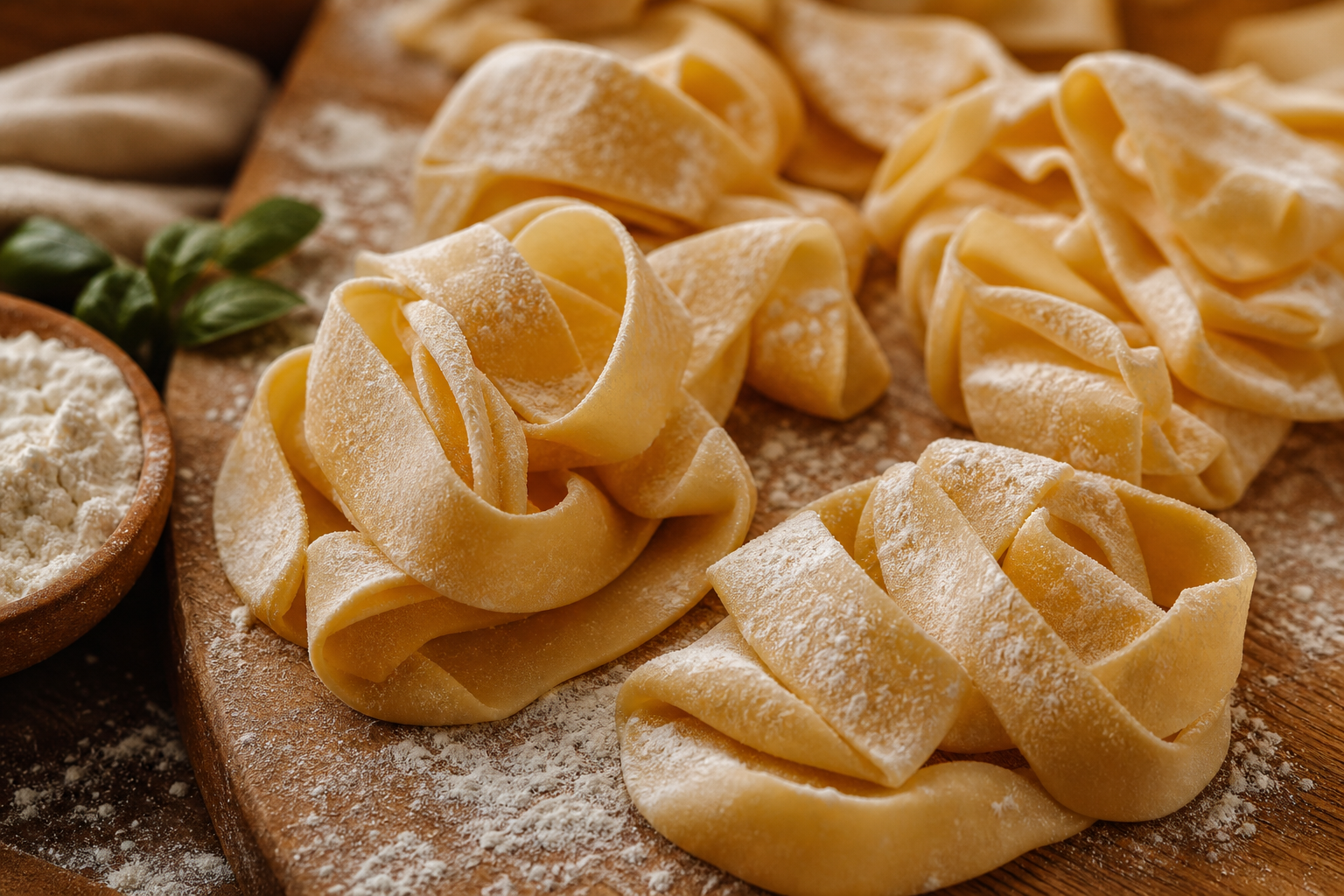 Handmade pasta ribbons dusted with organic flour on a wooden board, warm natural light