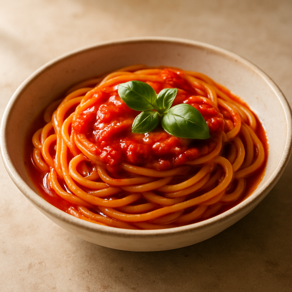 Bright tomato marinara pasta with fresh basil on a neutral stone surface