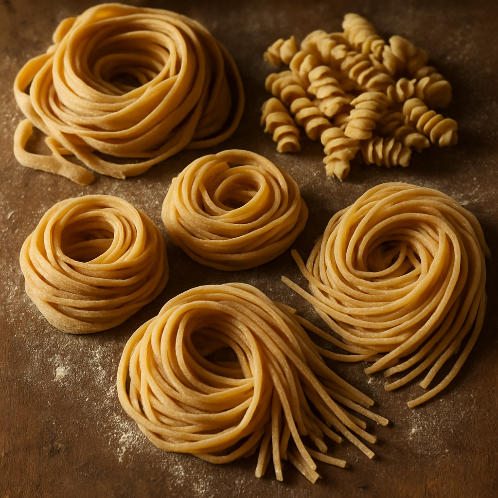 Smiling pasta maker rolling dough in a warm home kitchen with rustic tools