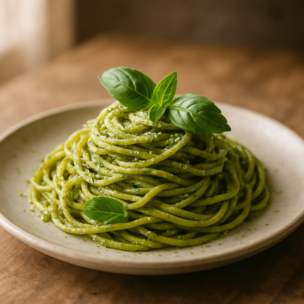 Spaghetti coated in vibrant green basil pesto with fresh basil leaves in soft natural light