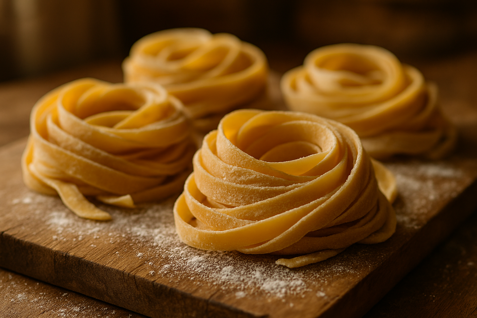 Close-up of fresh handmade pasta ribbons dusted with flour on a wooden board