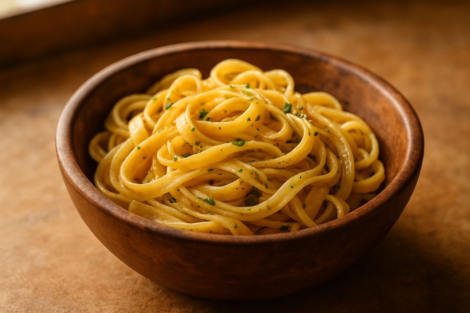 A rustic wooden bowl of golden fresh tagliatelle pasta with herbs and olive oil, set on a warm kitchen countertop