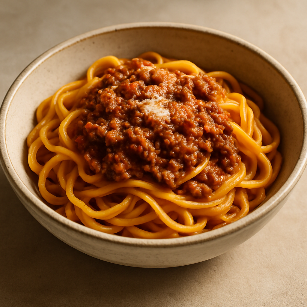 Rich bolognese pasta with slow-simmered meat sauce in a rustic bowl