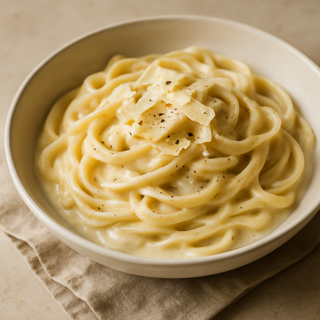 Creamy alfredo fettuccine with parmesan shavings in soft natural light