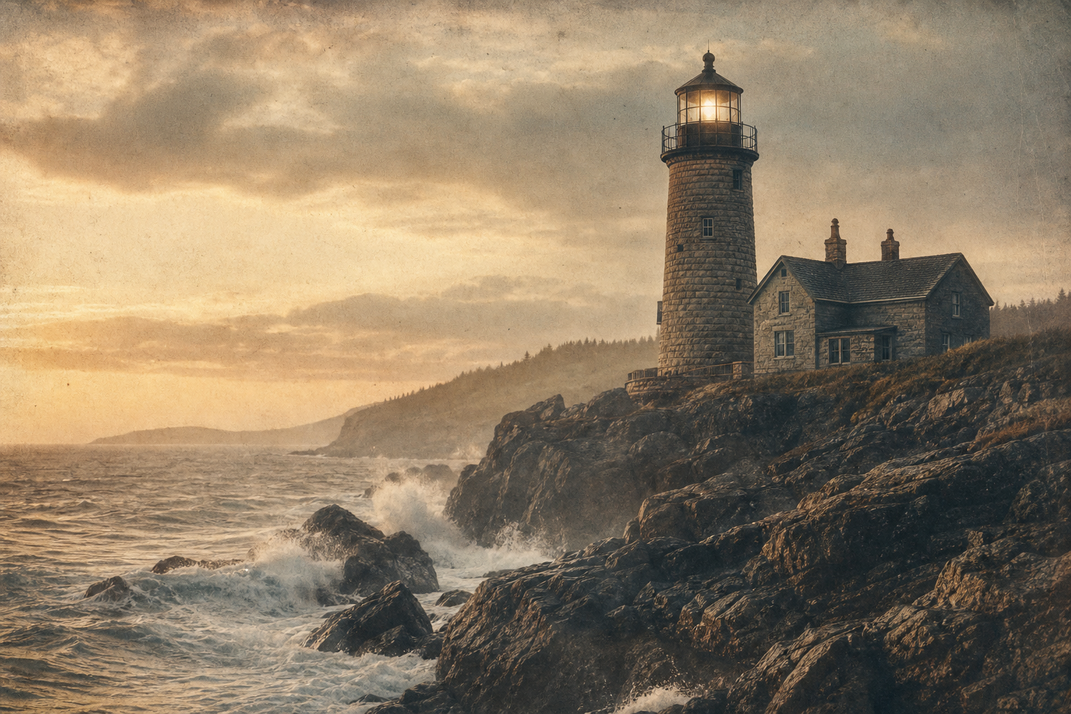 Historic stone lighthouse on a rugged northern coastline with sea mist, weathered cliffs, and warm film-like dusk light