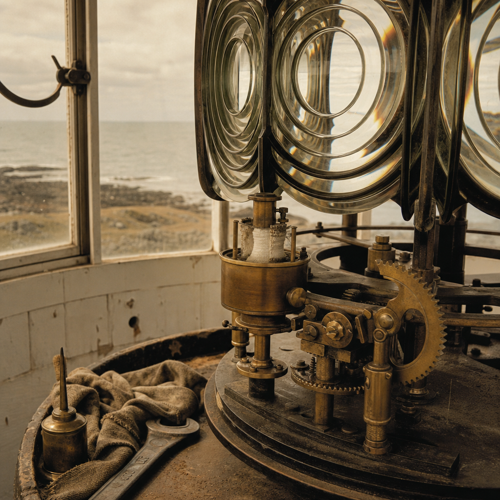 Close archival view of brass lamp room mechanism and glass lens detail