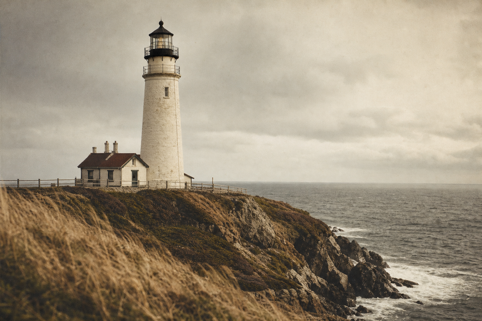 Archival lighthouse exterior on a windswept cliff at late afternoon