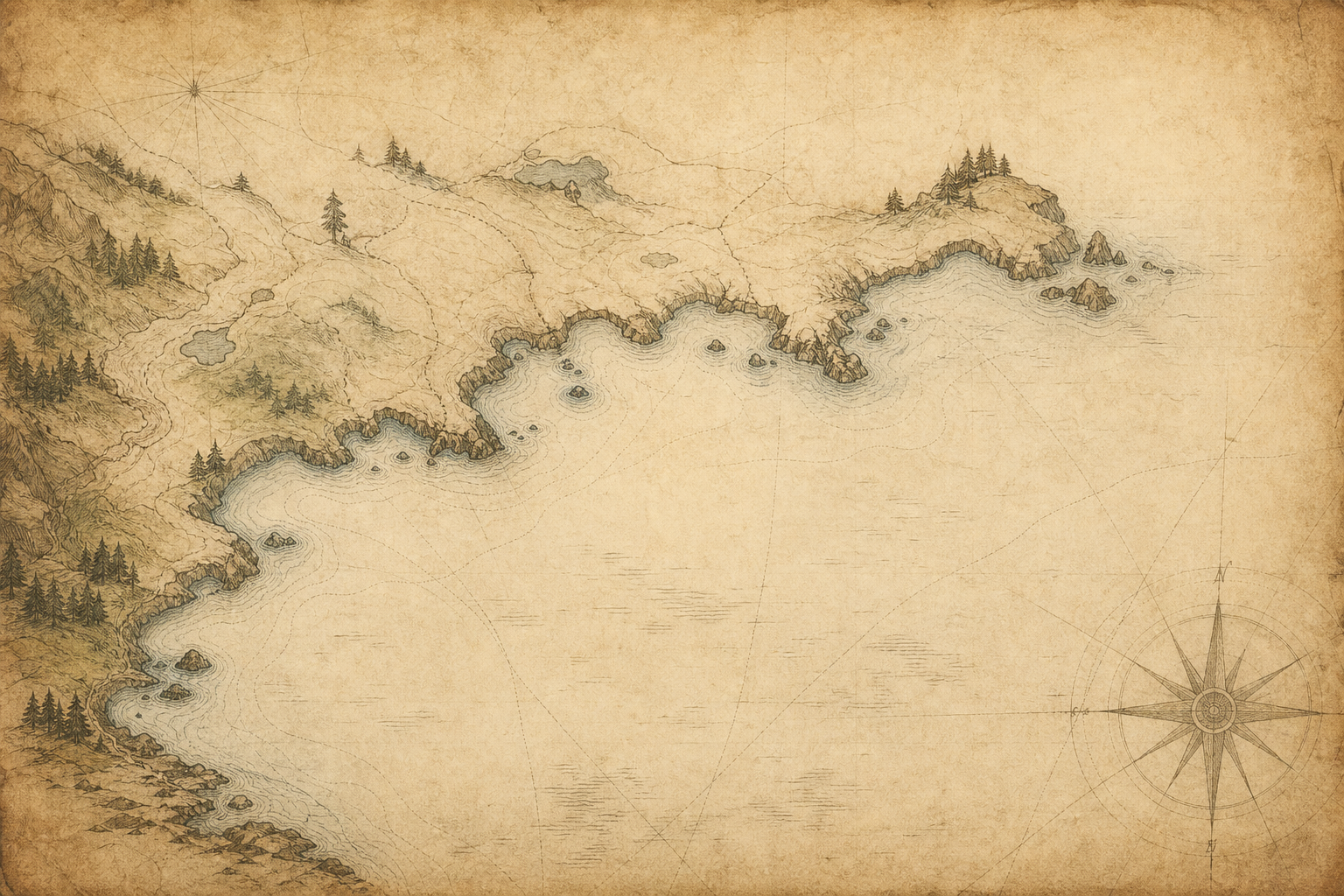 Stylized northern coast heritage map with shoreline silhouette and preserved lighthouse positions