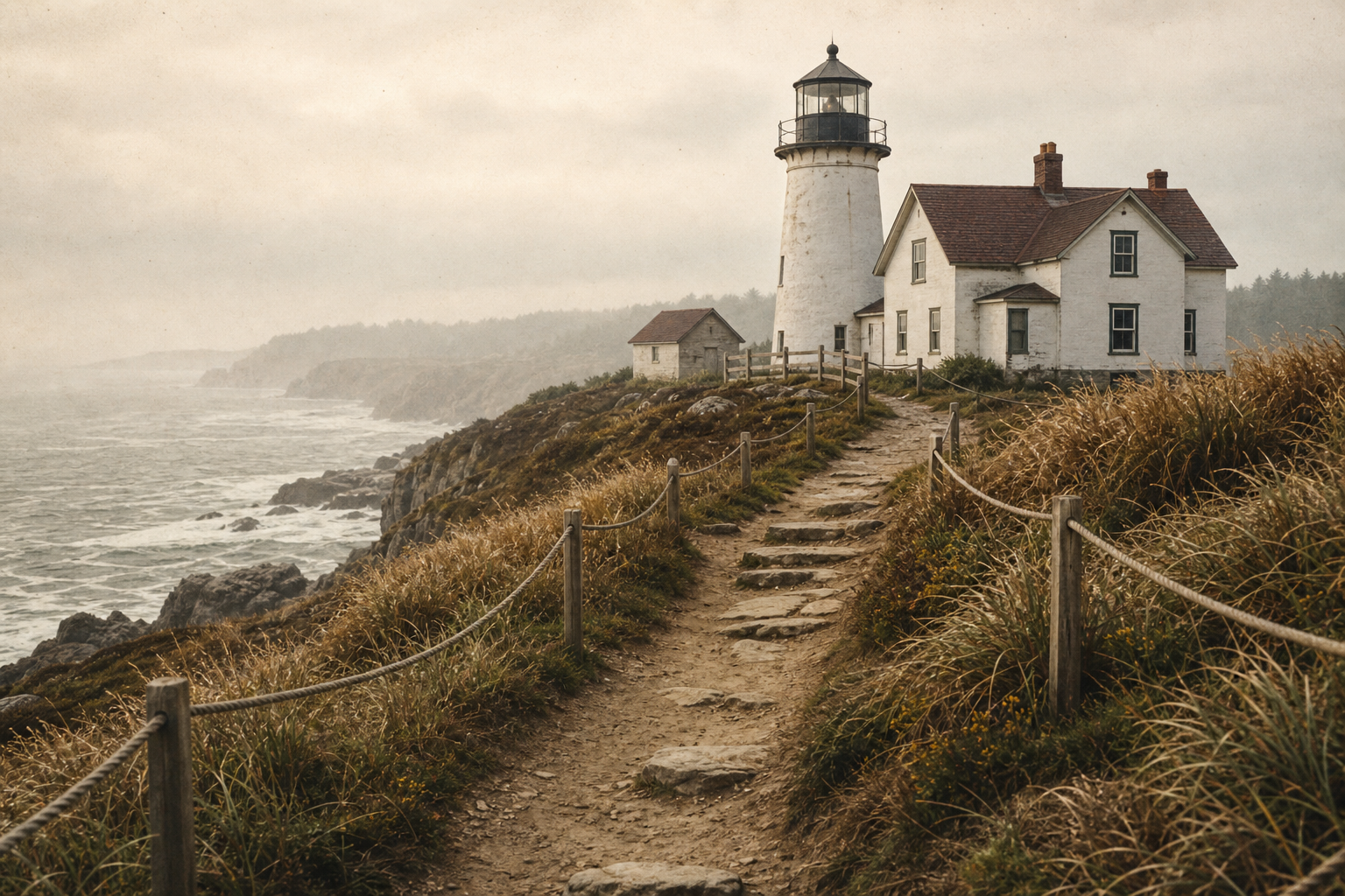 Narrow shoreline approach path leading toward a preserved lighthouse station
