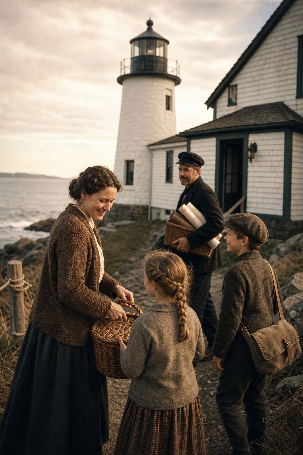 Shoreline family scene near lighthouse quarters