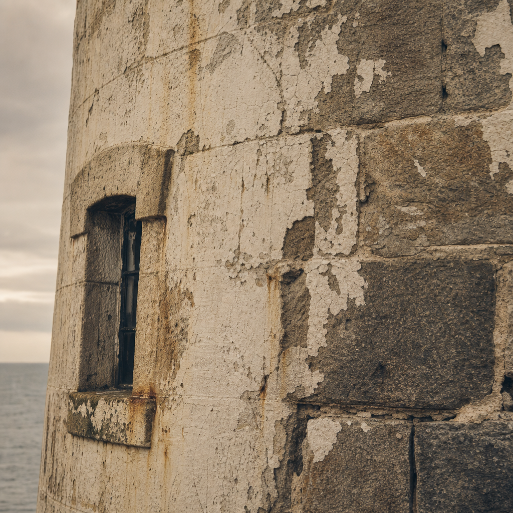 Weathered masonry wall with salt-stained mortar and chipped coastal paint